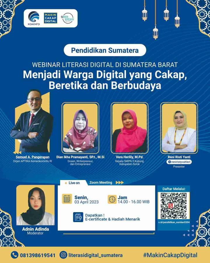 Webinar Literasi Digital di Sumatera Barat, Menjadi Warga Digital yang Cakap, Beretika dan Berbudaya 