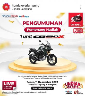 Hari Ini, Pengumuman Undian Berhadiah CB150X di Aplikasi MotoRan 