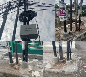 Diduga Kangkangi Aturan, Tiang dan Kabel FO My Republik di Atas Trotoar Jalan Cut Mutia Dikeluhkan